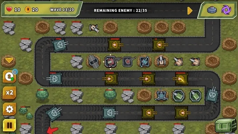 In-game screenshot displaying the free shopping feature within the Turret Defense King MOD APK, highlighting the ability to purchase premium items without cost.