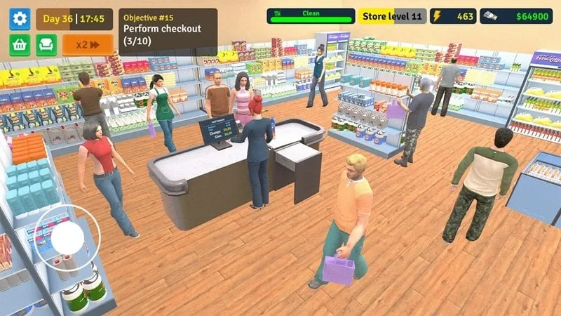 In-game screenshot displaying the supermarket interior in Supermarket Simulator Store.