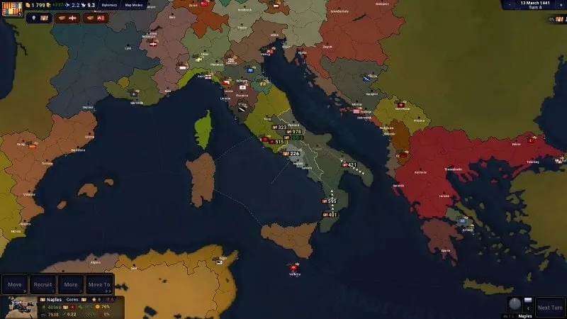 In-game screenshot displaying various civilizations and their territories on the world map in Age of History 2.