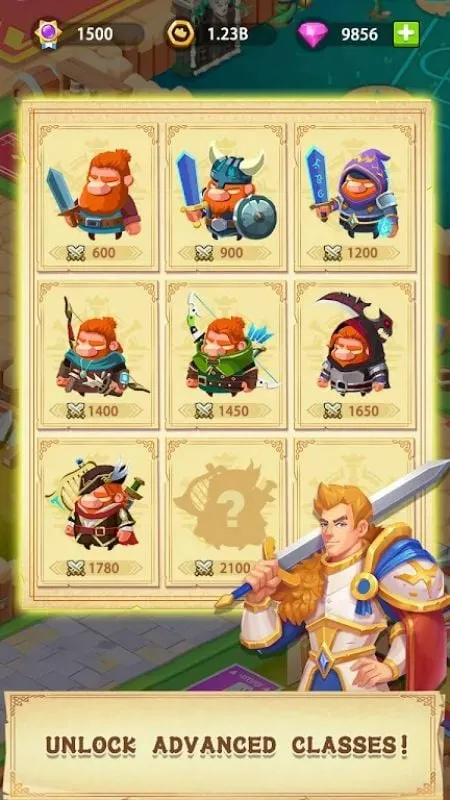 In-game screenshot displaying various hero types available for training in Idle Training Empire.