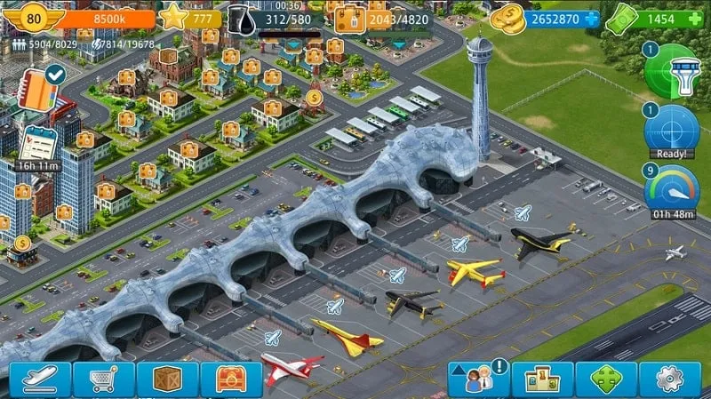 In-game screenshot from Airport City demonstrating various airport buildings and structures.