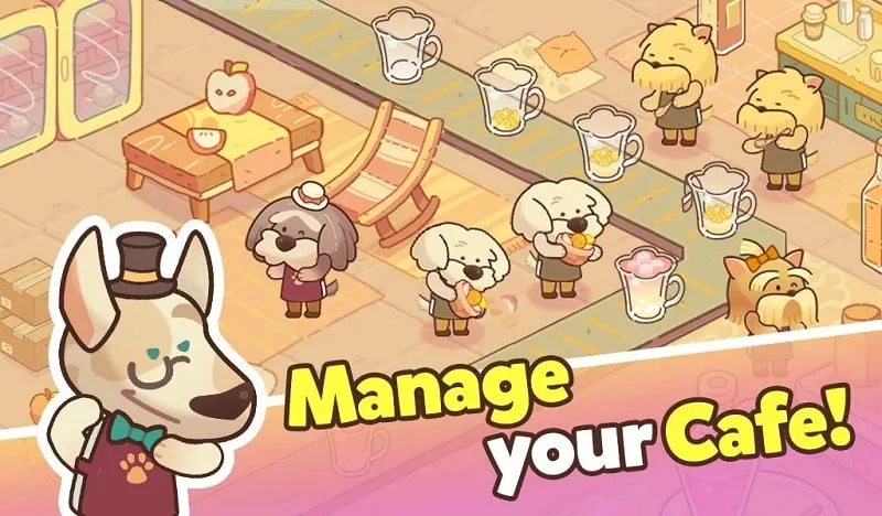 In-game screenshot highlighting different dog employees and their unique skills.