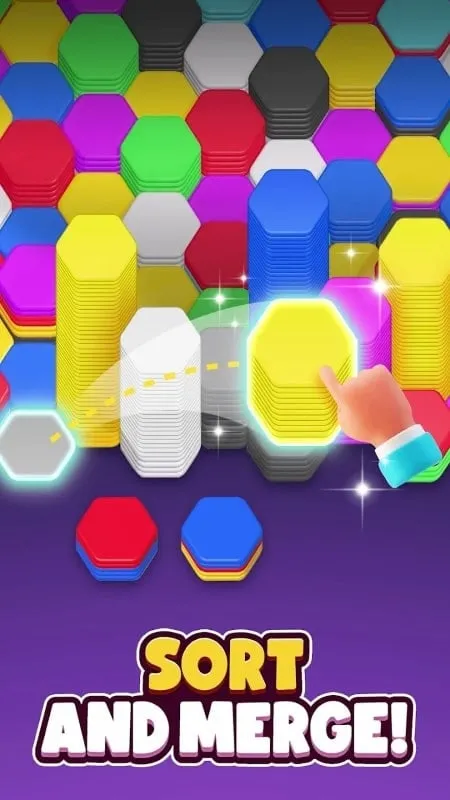 In-game screenshot highlighting the use of the hammer item, purchased using unlimited money, to break a hexagon and progress through a challenging level in Hexa Sort.