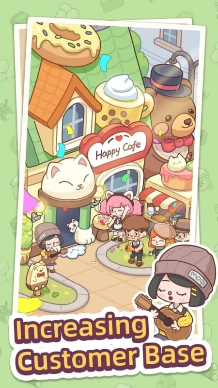 Screenshot dalam game yang menunjukkan penggunaan uang tak terbatas untuk membeli upgrade dan memperluas kafe di Happy Dessert Cafe.