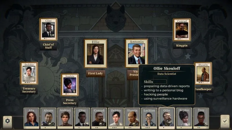 In-game screenshot illustrating a political decision-making scenario in This Is the President, where the player must choose between different options with varying consequences.