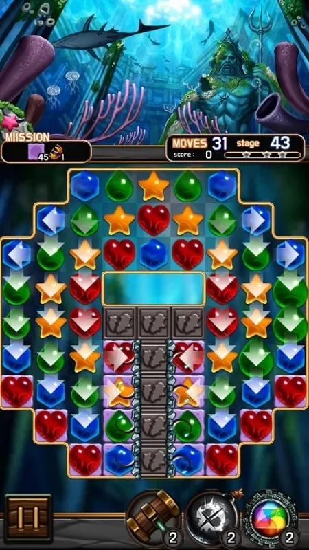 In-game screenshot of a completed level in Jewel Poseidon, highlighting rewards and progression.