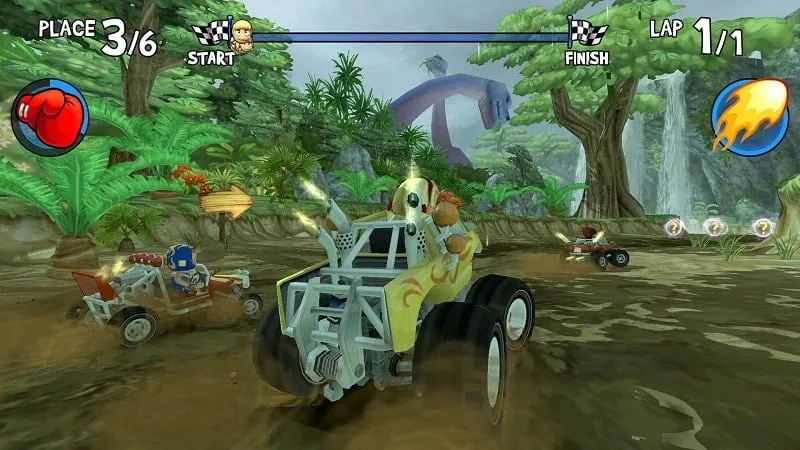 In-game screenshot of Beach Buggy Racing showing the upgrade options for cars, with various performance stats like acceleration, top speed, handling, and strength highlighted.