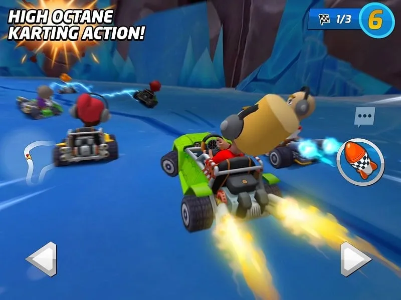 In-game screenshot of Boom Karts during a race highlighting upgraded cars