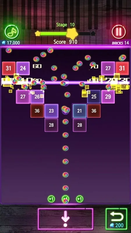 In-game screenshot of Bricks Melody Balls illustrating a challenging level where strategic use of power-ups is essential for progression.