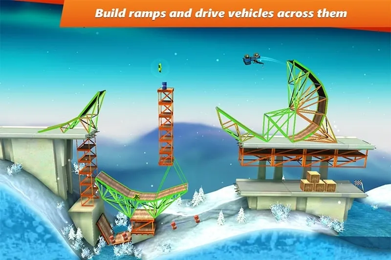 In-game screenshot of Bridge Constructor Stunts showing a successful stunt performance.