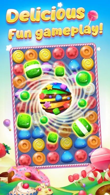 In-game screenshot of Candy Charming, highlighting the use of power-ups facilitated by unlimited energy.