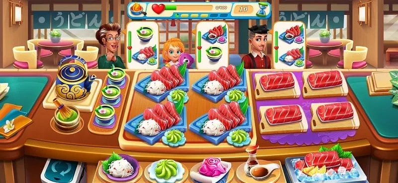 In-game screenshot of Cooking Love displaying various restaurant themes and decoration options available for purchase using the unlimited money feature in the mod.