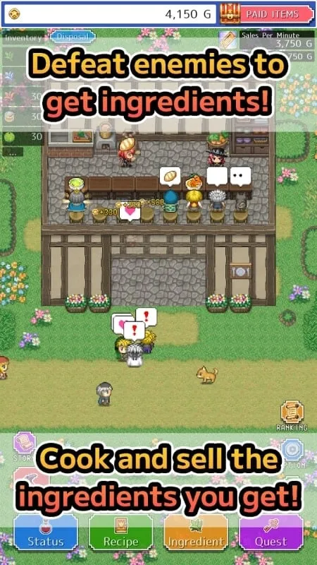 In-game screenshot of creating various food and drink items in RPG Restaurant Idle HackSlash.