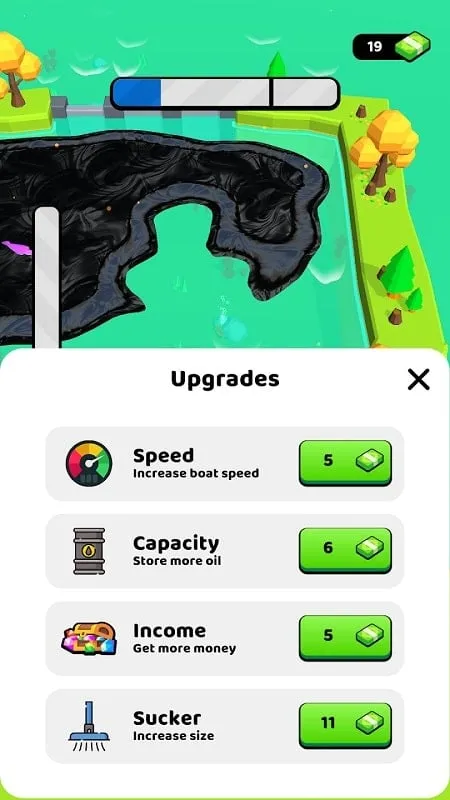 Screenshot dalam game Idle Eco Miner yang menampilkan antarmuka upgrade kapal.