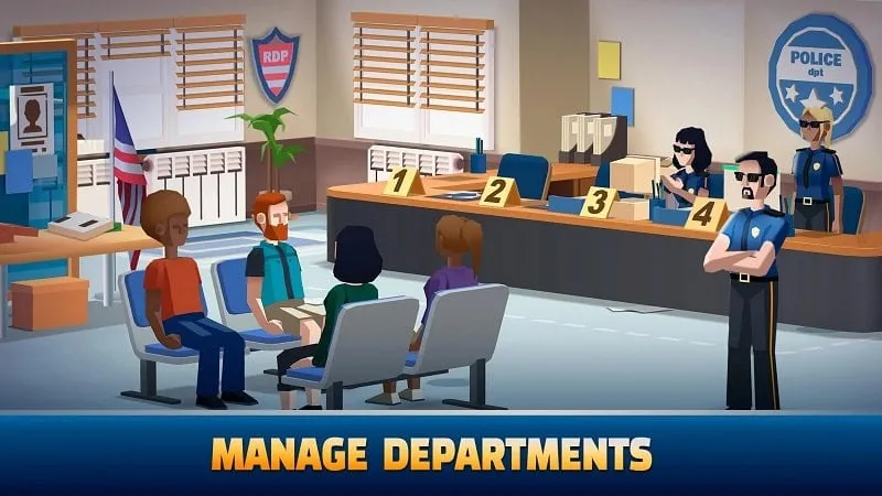 In-game screenshot of Idle Police Tycoon showing the police station management interface.