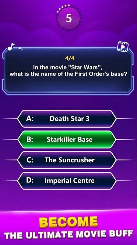 In-game screenshot of Movie Trivia showcasing the option to reveal the correct answer using the unlimited gems feature.