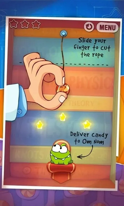 In-game screenshot of Om Nom waiting for candy in Cut the Rope Experiments.