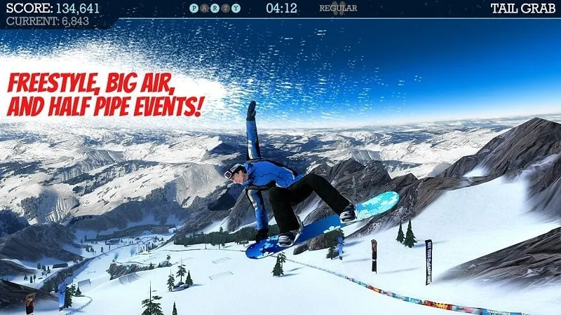 In-game screenshot of Snowboard Party Pro showing a character mid-air with a snowy mountain backdrop.