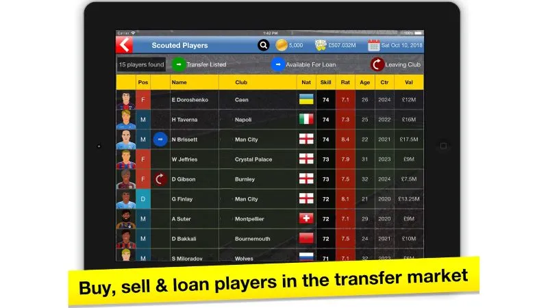 In-game screenshot of Soccer Tycoon demonstrating the player editor functionality within the mod menu, showcasing how to modify player attributes.