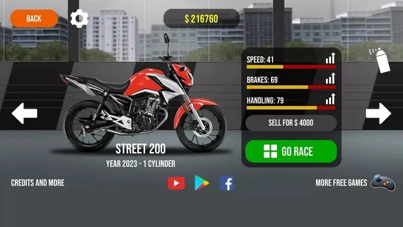 Tangkapan layar dalam game Traffic Motos 3 yang menampilkan antarmuka gameplay dengan berbagai elemen dan kontrol di layar.