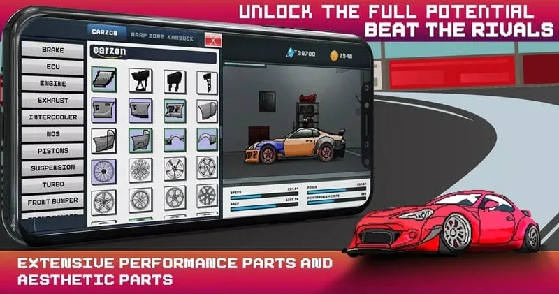 In-game screenshot showcasing the car upgrade menu with various customization options available.