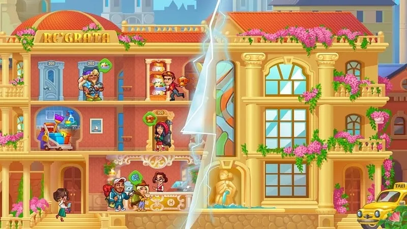 In-game screenshot showcasing the diverse characters and guests in Grand Hotel Mania.