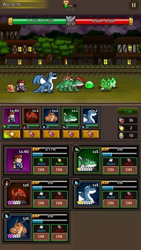 In-game screenshot showcasing the mod menu with options for unlimited resources and damage multiplier in Grow Pixelmon Master.