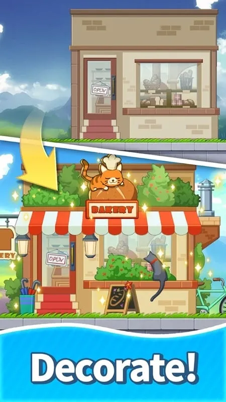 In-game screenshot showcasing the renovated bakery with new decorations.