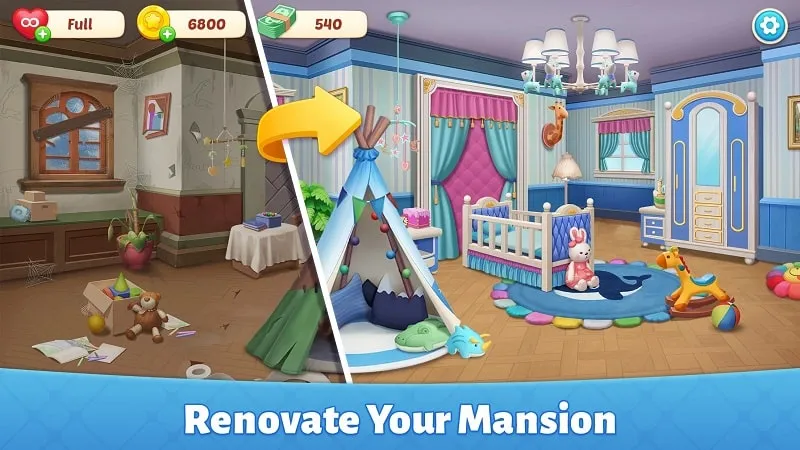 In-game screenshot showcasing various furniture and design options in Baby Mansion.