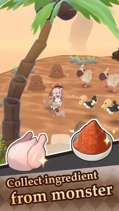 In-game screenshot showing a character exploring a new land in Monster Cooking Diary.