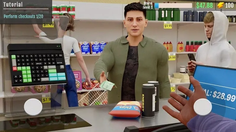 In-game screenshot showing a wide variety of products available for purchase in the supermarket.