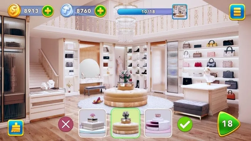 In-game shop showcasing furniture and decorations available for purchase using unlimited money.