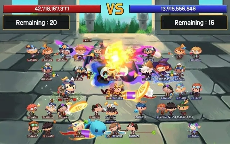 In-game view of a dungeon raid in Tap Town, showing heroes battling monsters.