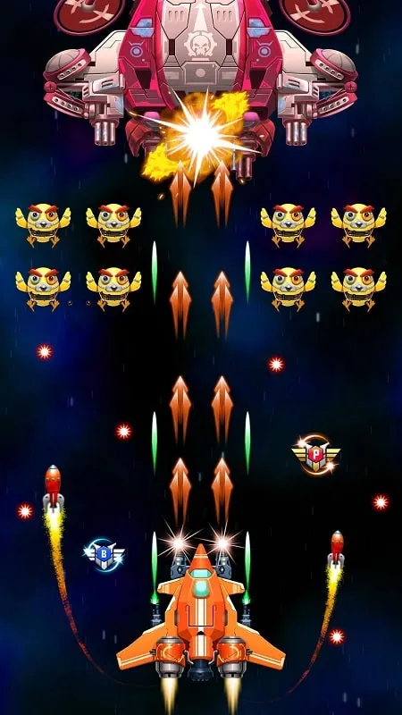 Intense boss battle in Strike Galaxy Attack.