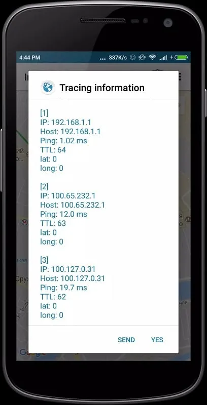 Intrace app showing detailed route information and device type