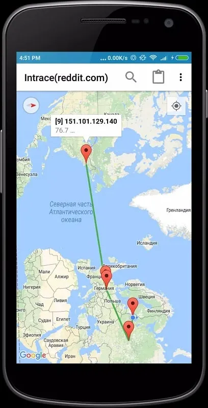 Intrace Visual Traceroute mod interface showing premium features