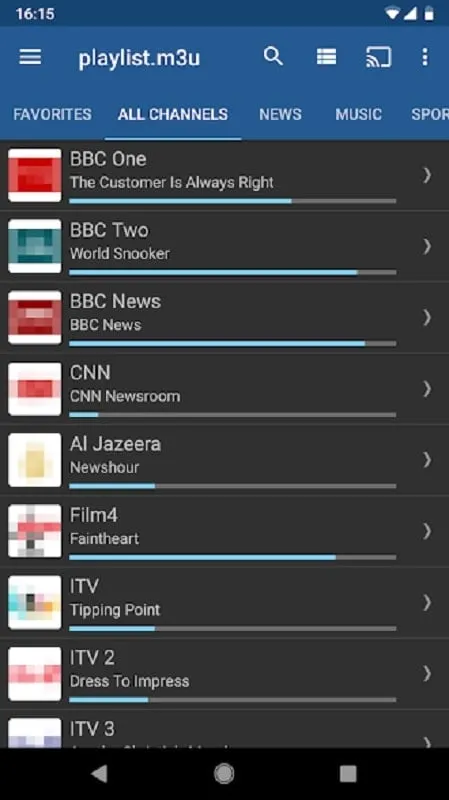 IPTV Pro mod interface displaying channel selection