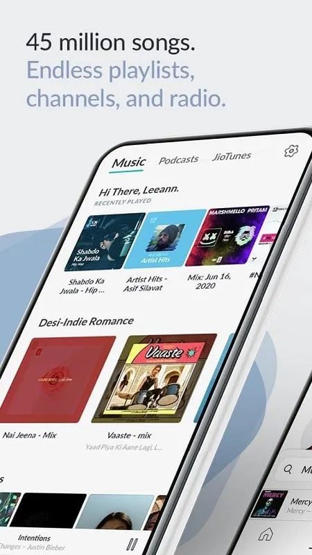 JioSaavn Music Radio mod interface showing premium features