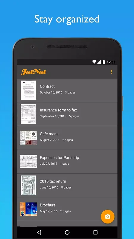 JotNot Pro mod interface demonstrating document scanning and OCR features