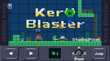 Kero Blaster gameplay screenshot showing the frog protagonist shooting enemies.