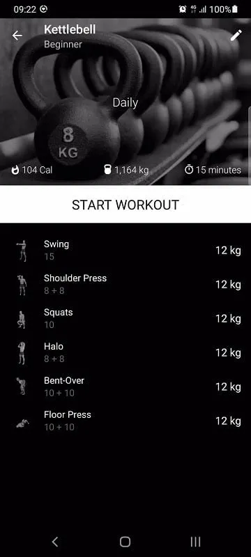 Kettlebell Home Workout mod interface showing premium features