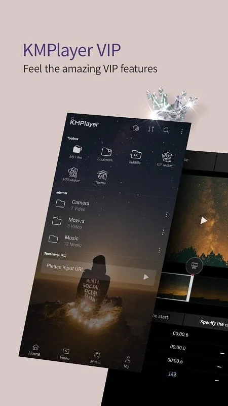 KMPlayer Plus mod interface showing premium features