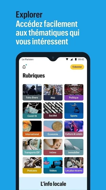 Le Parisien app displaying news categories