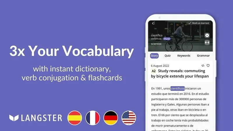 Learn Languages with Langster mod interface showing premium features