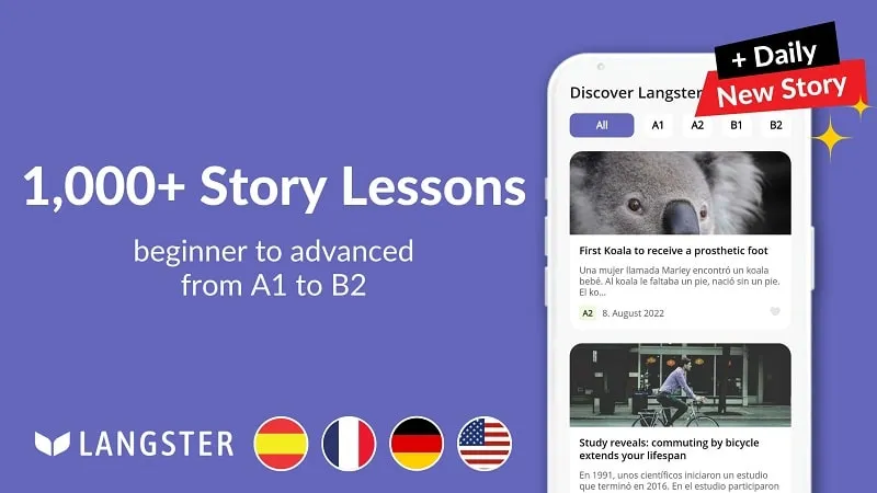 Learn Languages with Langster mod showcasing interactive quizzes