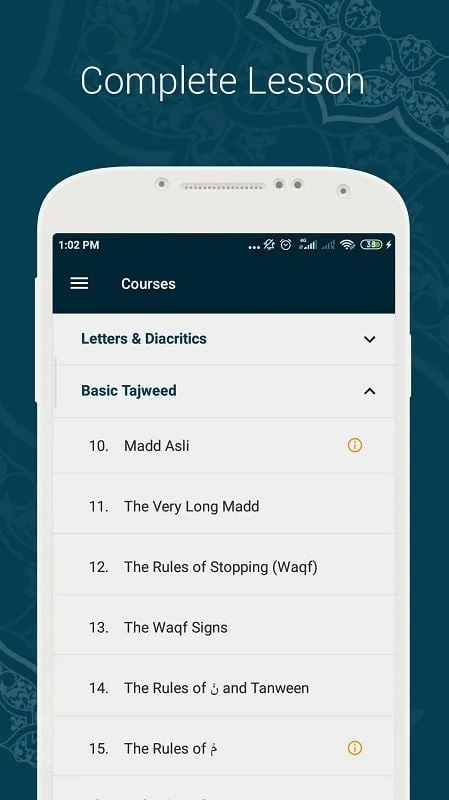 Learn Quran Tajwid mod interface showing premium features