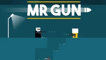 Main character aiming a gun at an enemy in Mr Gun.