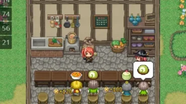 Main character battling a large slime in RPG Restaurant Idle HackSlash.