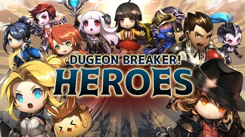 Main gameplay screen of Dungeon Breaker Heroes with characters battling monsters.