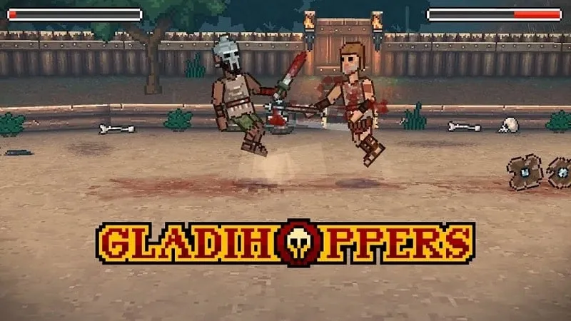 Main screen of Gladihoppers depicting two gladiators in combat.